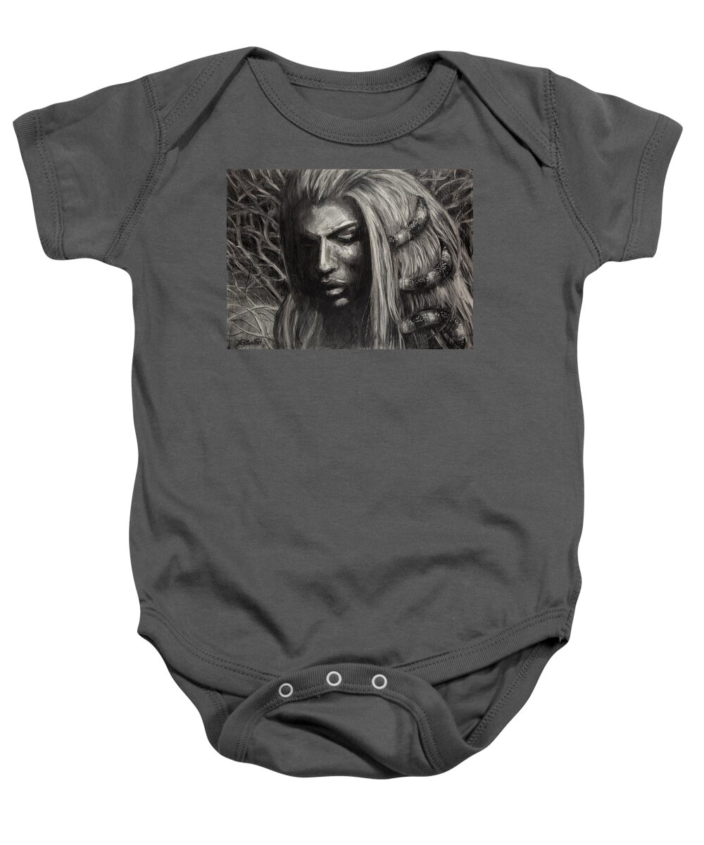 Charcoal Of Woman Baby Onesie featuring the drawing Eve by Jason Reinhardt