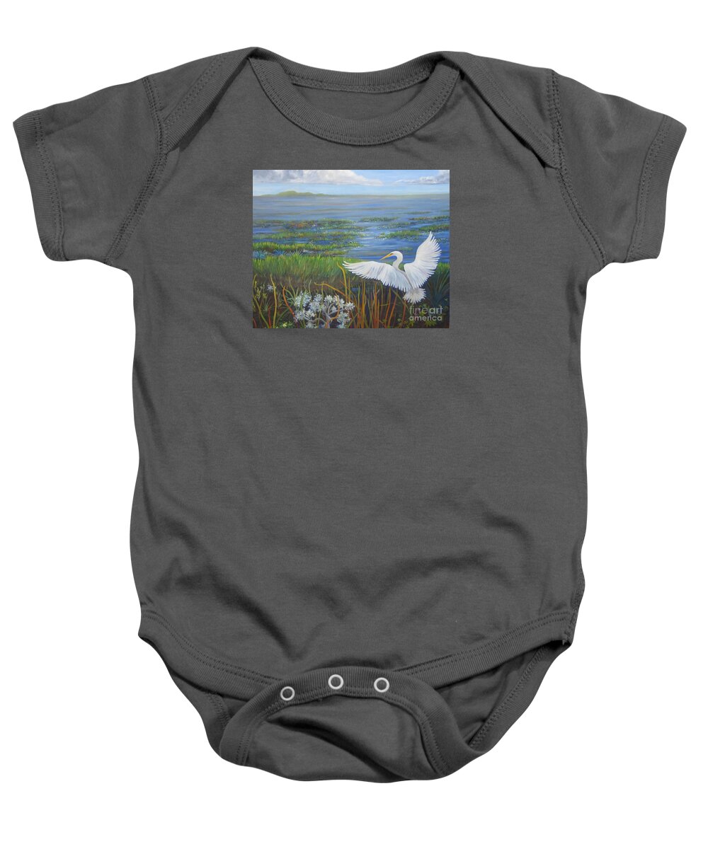 Egret Baby Onesie featuring the painting Everglades Egret by Anne Marie Brown