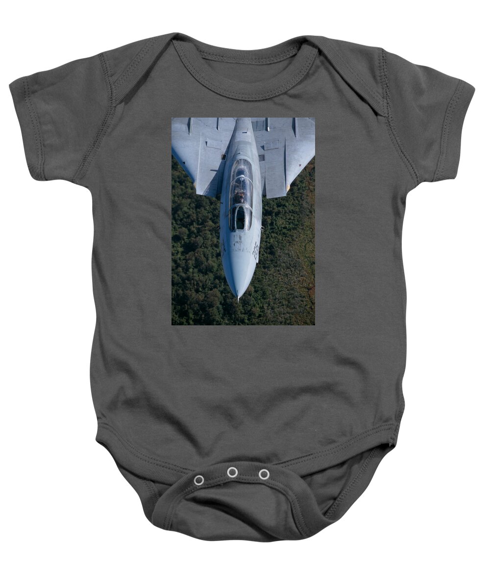 Navy Baby Onesie featuring the photograph F-14B Tomcat in flight by John Clark