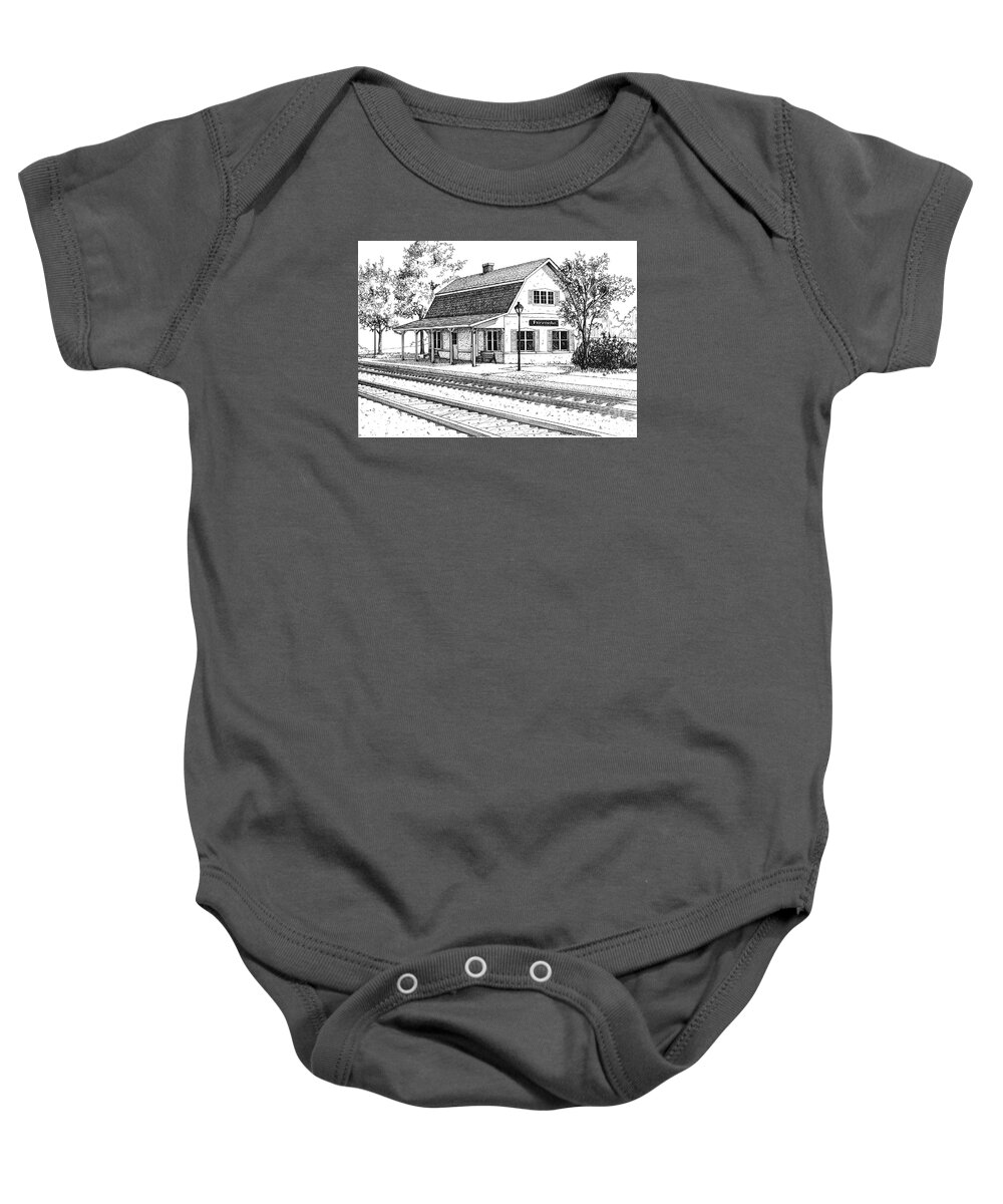 Station Baby Onesie featuring the drawing Fairview Ave Train Station by Mary Palmer