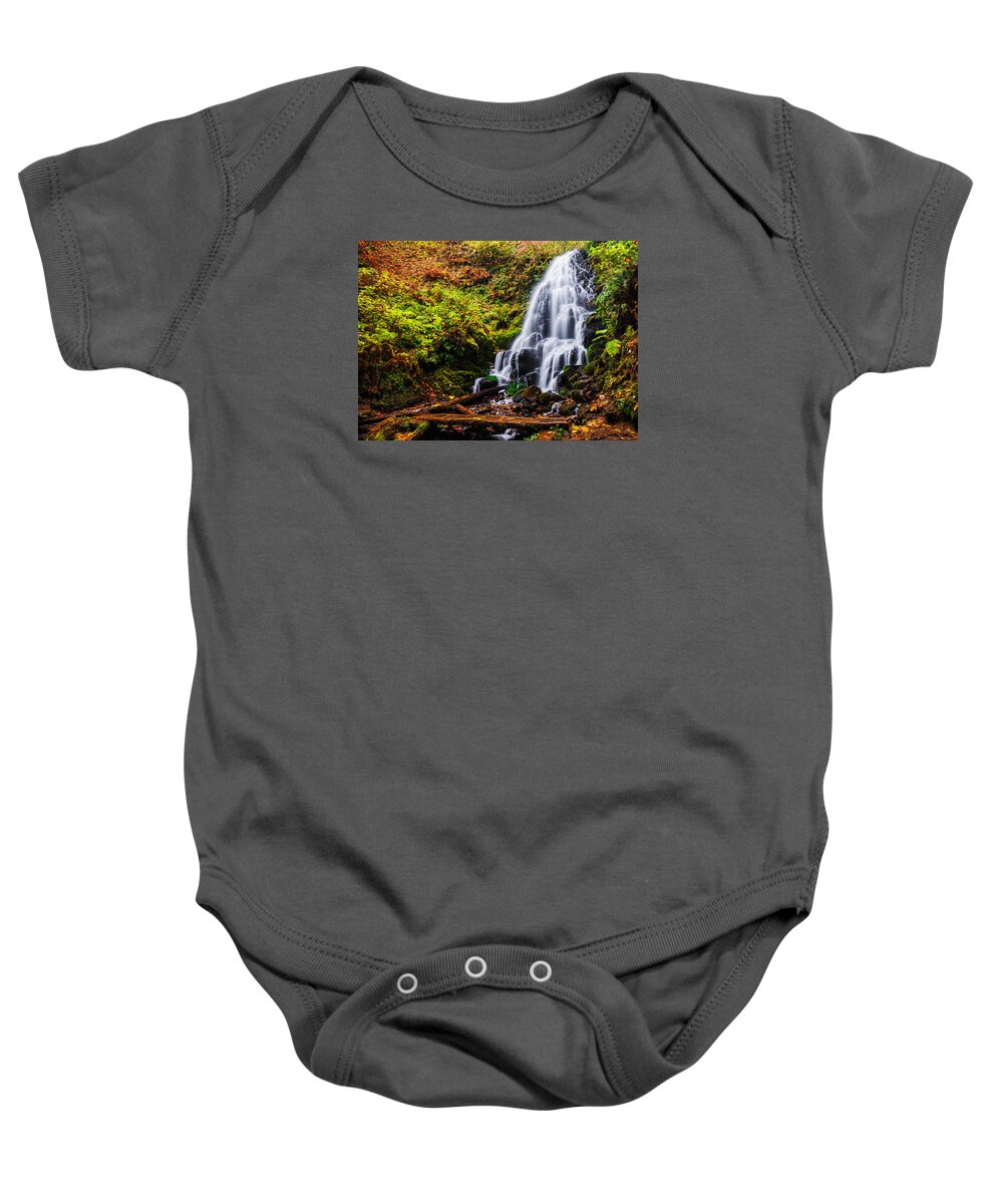Fairy Falls Baby Onesie featuring the photograph Fairy Falls in autumn in Columbia River Gorge Oregon by Vishwanath Bhat