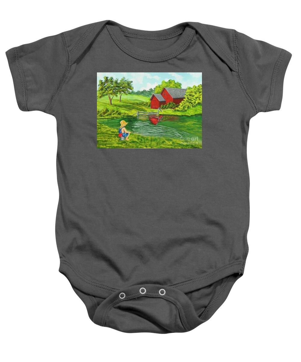 Country Kids Art Baby Onesie featuring the painting Favorite Fishing Hole by Charlotte Blanchard