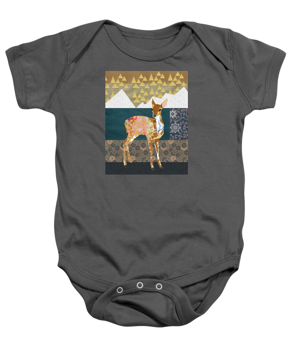 Fawn Collage Baby Onesie featuring the mixed media Fawn Collage by Claudia Schoen
