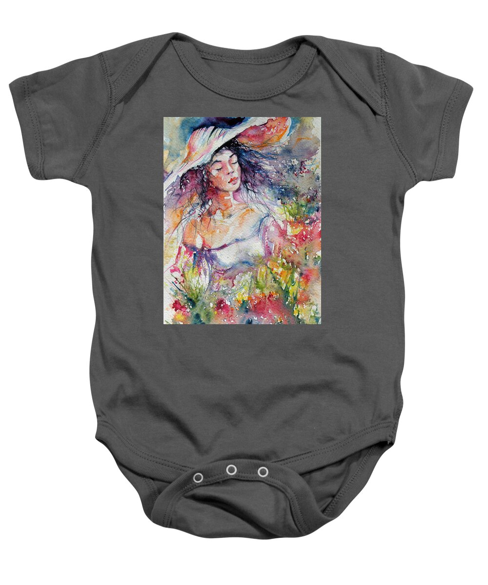 Girl Baby Onesie featuring the painting Feeling in the garden by Kovacs Anna Brigitta