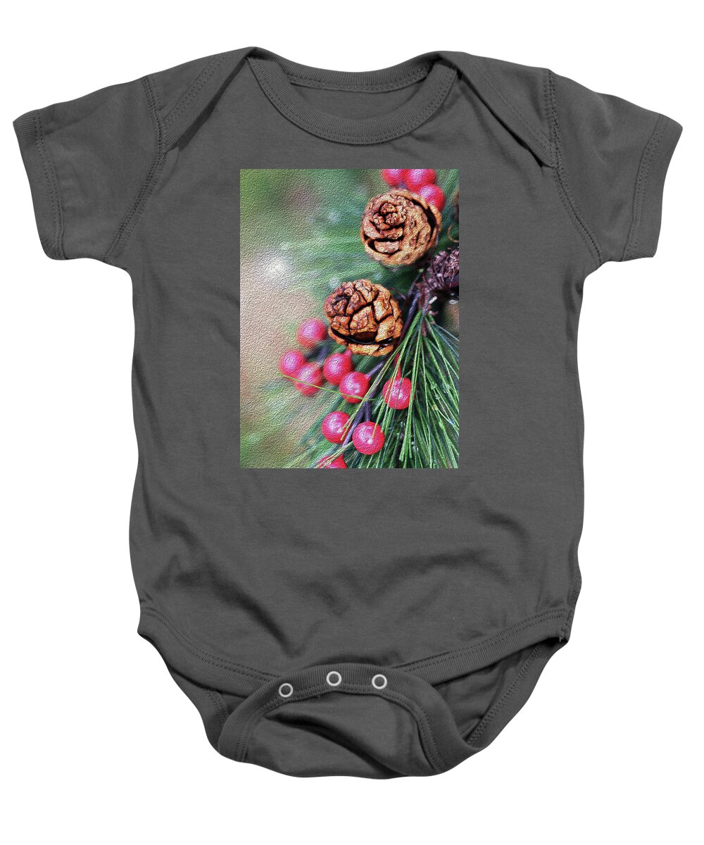 Berries Baby Onesie featuring the photograph Festive Berries and Cones by Vanessa Thomas