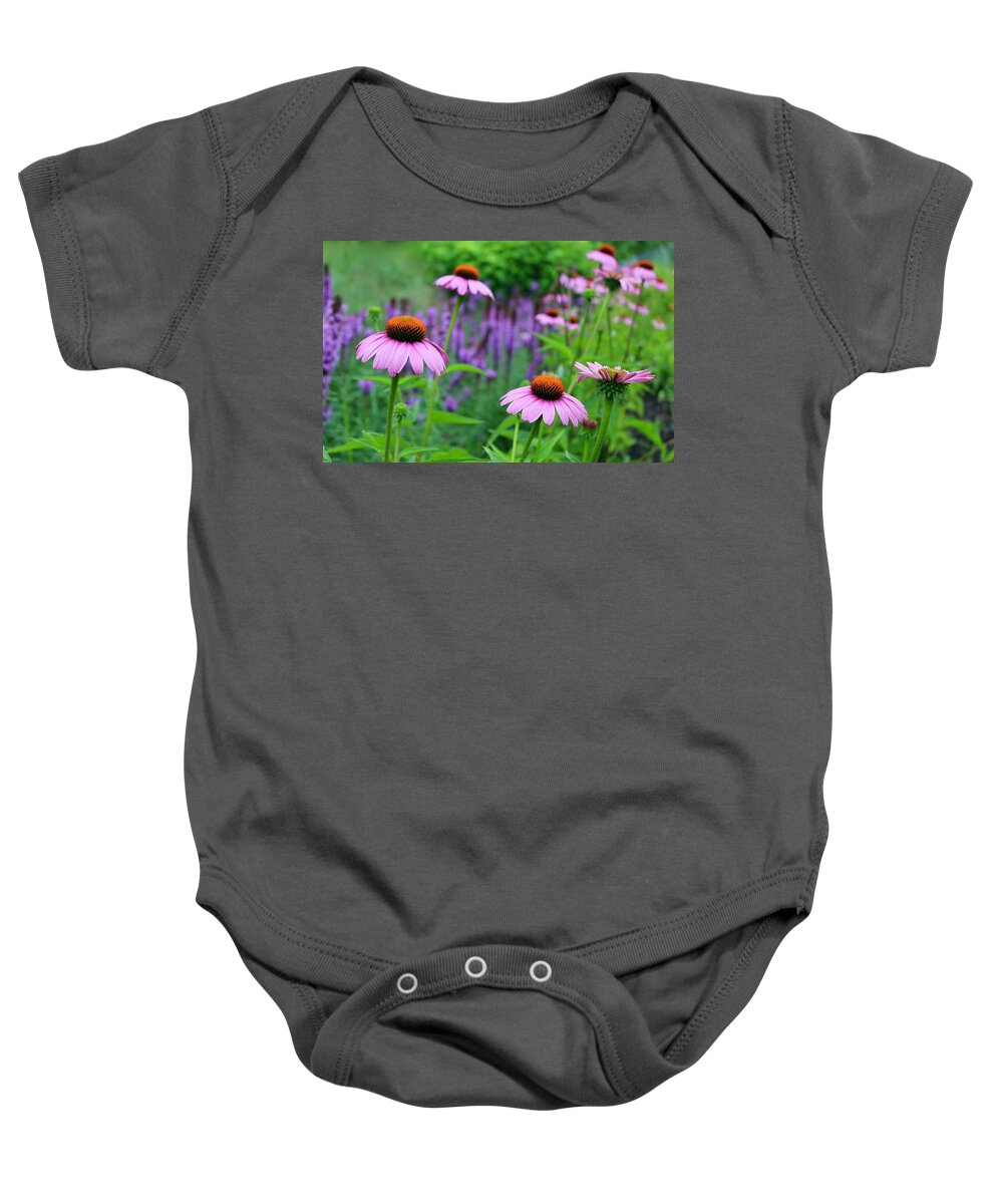 Photograph Baby Onesie featuring the photograph Field of Purple Cone Flowers and Blazing Star Flowers by M E