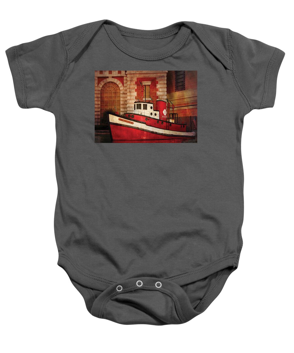 Savad Baby Onesie featuring the photograph Fireman - NY - The fire boat by Mike Savad