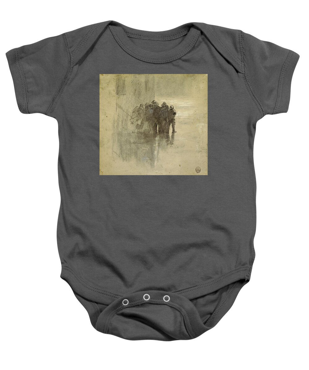 Winslow Homer Baby Onesie featuring the drawing Fishermen in Oilskins, Cullercoats, England, 1881 by Winslow Homer