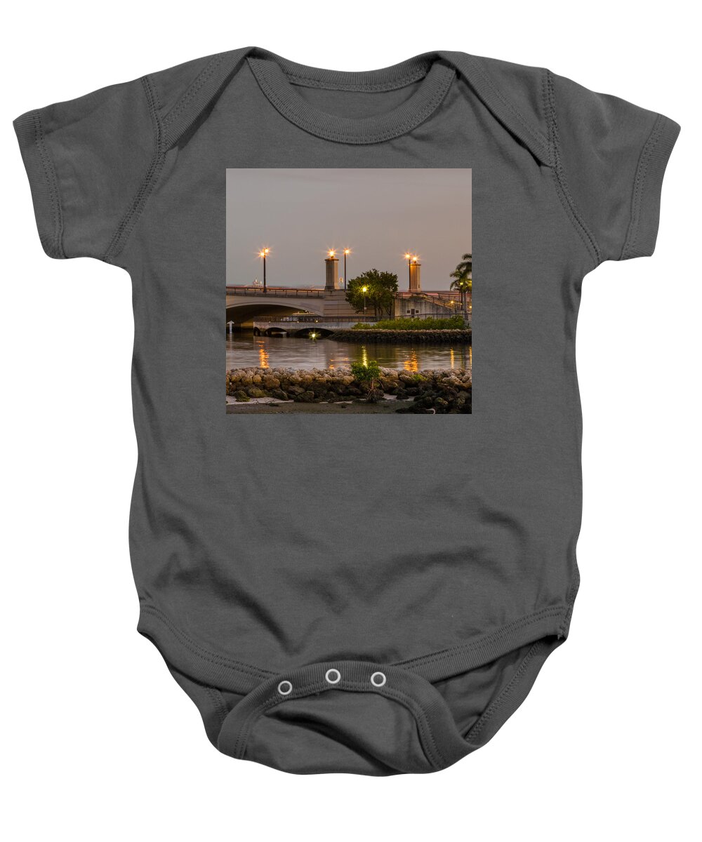 Boats Baby Onesie featuring the photograph Flagler Bridge in Lights V by Debra and Dave Vanderlaan
