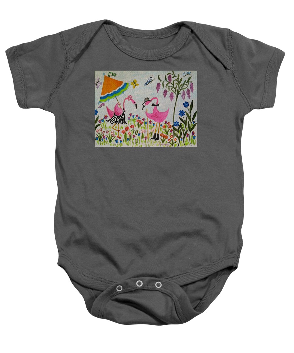 Colorful Flamingos Baby Onesie featuring the painting Flamingo Fun by Susan Nielsen