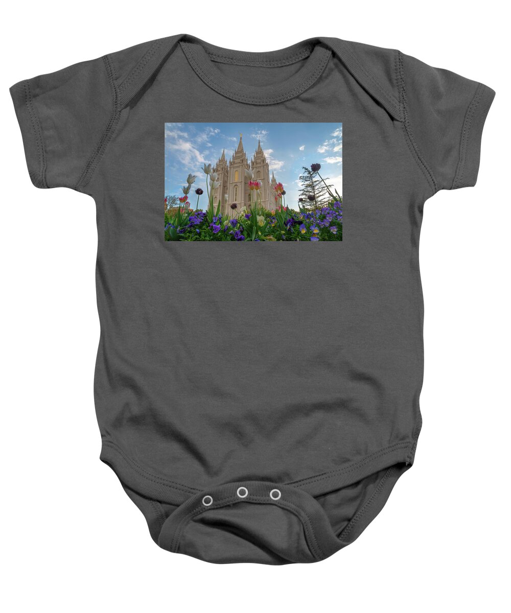 Salt Lake Temple Baby Onesie featuring the photograph Flowers at Temple Square by Dustin LeFevre