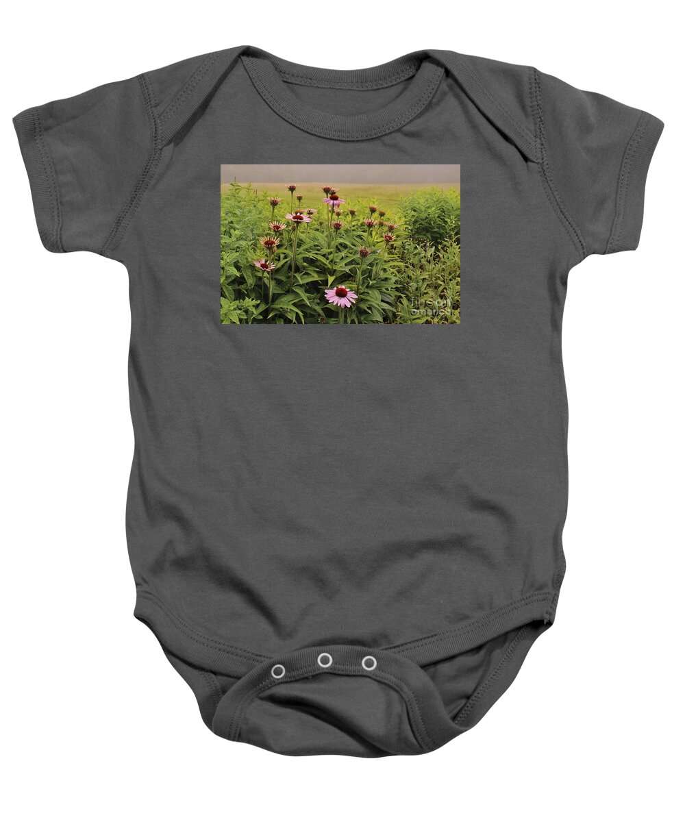 Purple Coneflowers Baby Onesie featuring the photograph Flowers in the Fog by Karin Pinkham