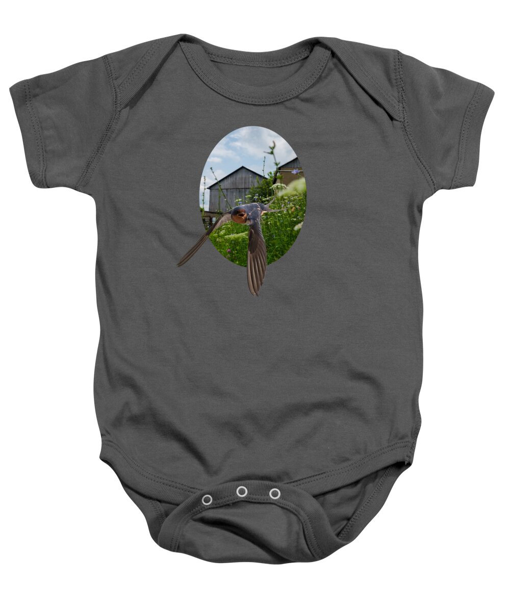 Barn Baby Onesie featuring the photograph Flying Through The Farm by Holden The Moment