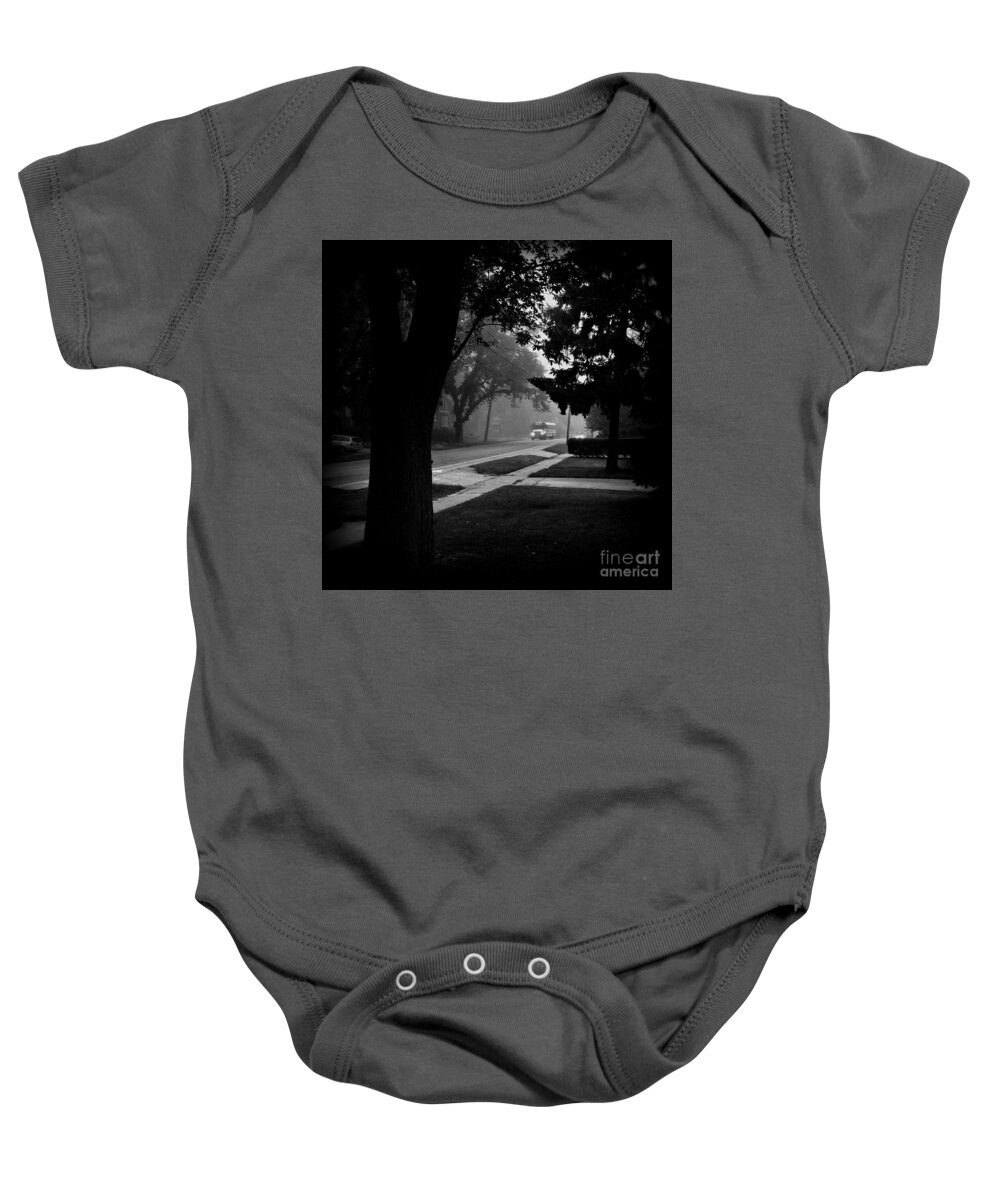 Frank J Casella Baby Onesie featuring the photograph Foggy Morning Bus Ride - Black and White by Frank J Casella