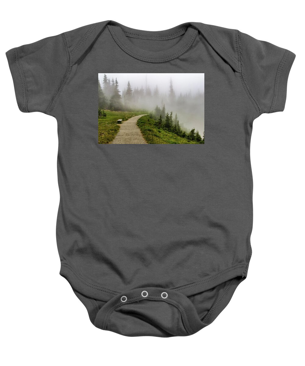 Hurricane Baby Onesie featuring the photograph Foggy Path at Hurricane Ridge by Roslyn Wilkins