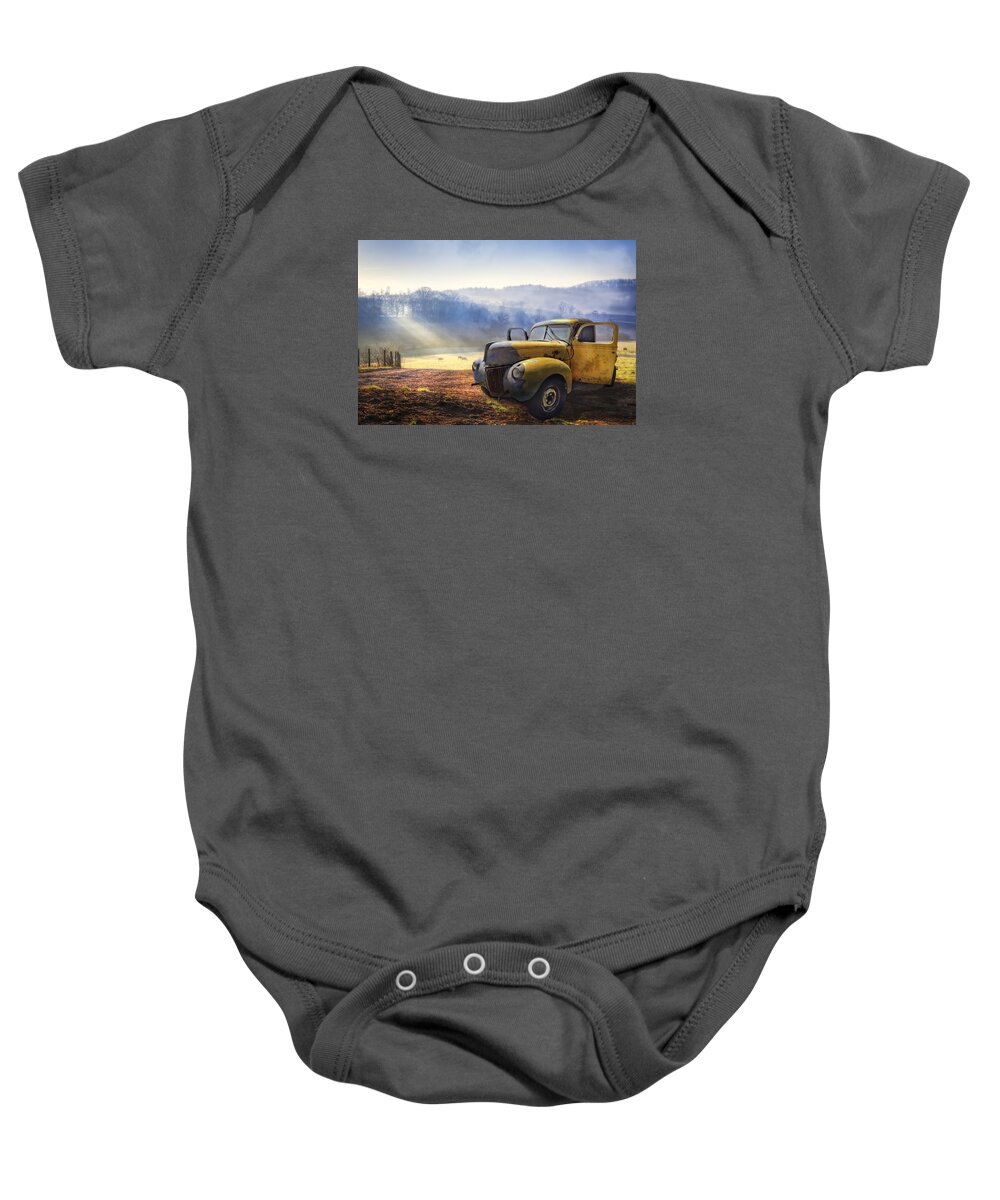 Appalachia Baby Onesie featuring the photograph Ford in the Fog by Debra and Dave Vanderlaan