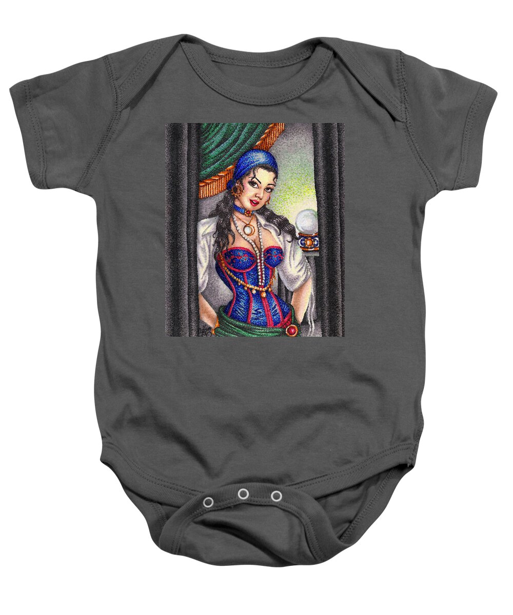 Woman Baby Onesie featuring the drawing Fortune Teller by Scarlett Royale
