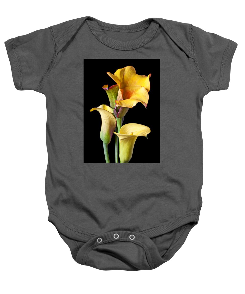 Calla Lily Baby Onesie featuring the photograph Four calla lilies by Garry Gay