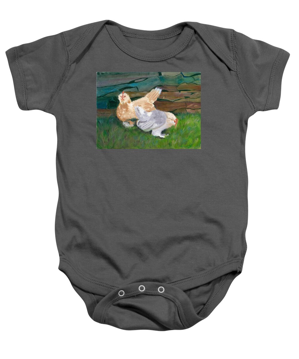 Chickens Bantams Countryside Stonewall Farm Baby Onesie featuring the painting Fowl Play by Paula Emery