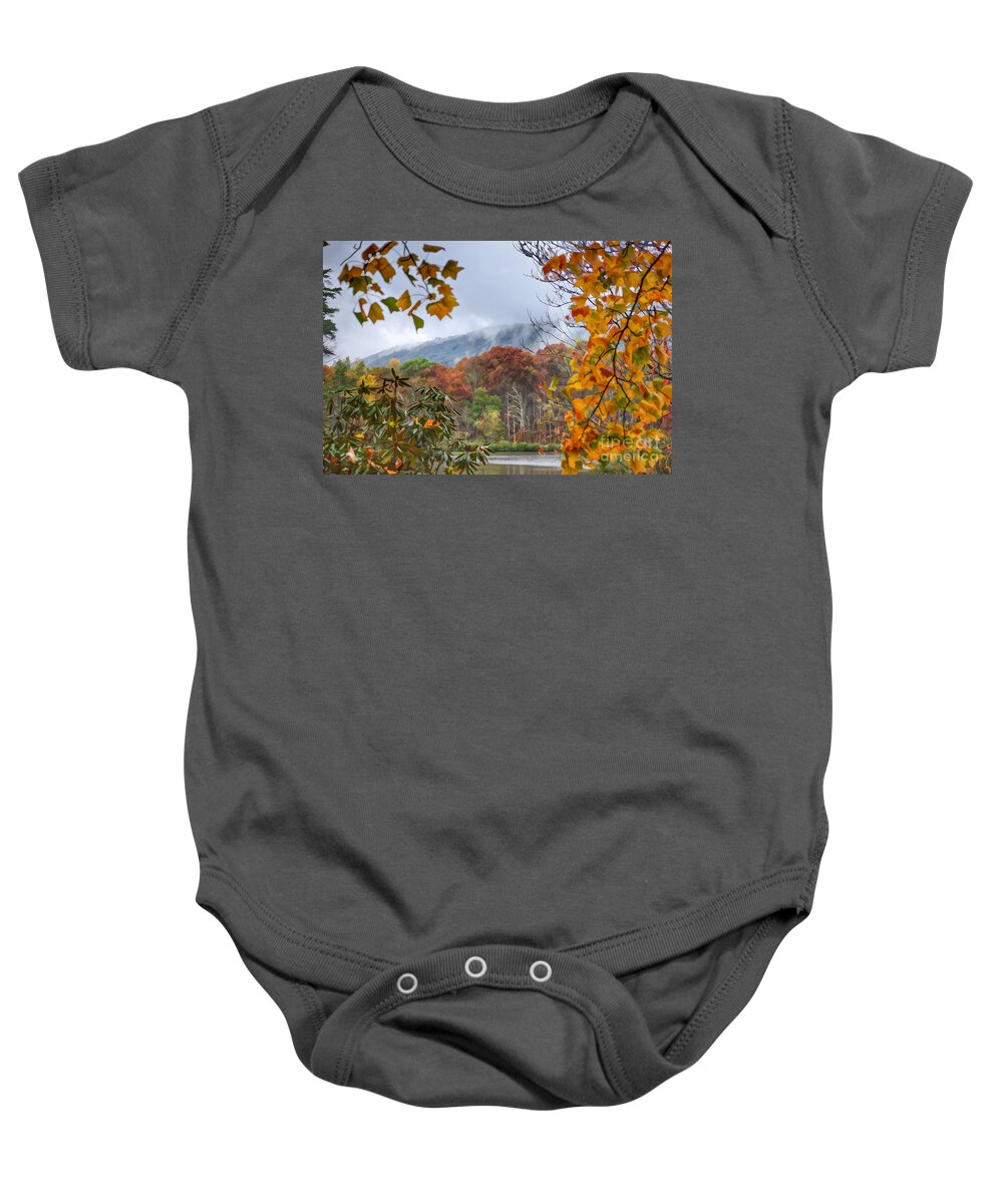 Autumn Baby Onesie featuring the photograph Framed by Fall by Kerri Farley