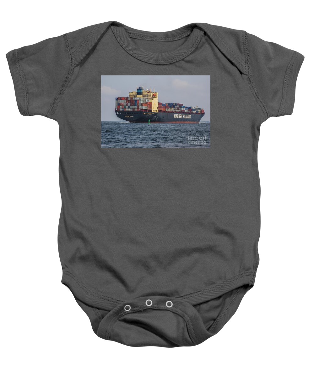 Freighter Headed Out To Sea Baby Onesie featuring the photograph Freighter Headed out to Sea by Dale Powell