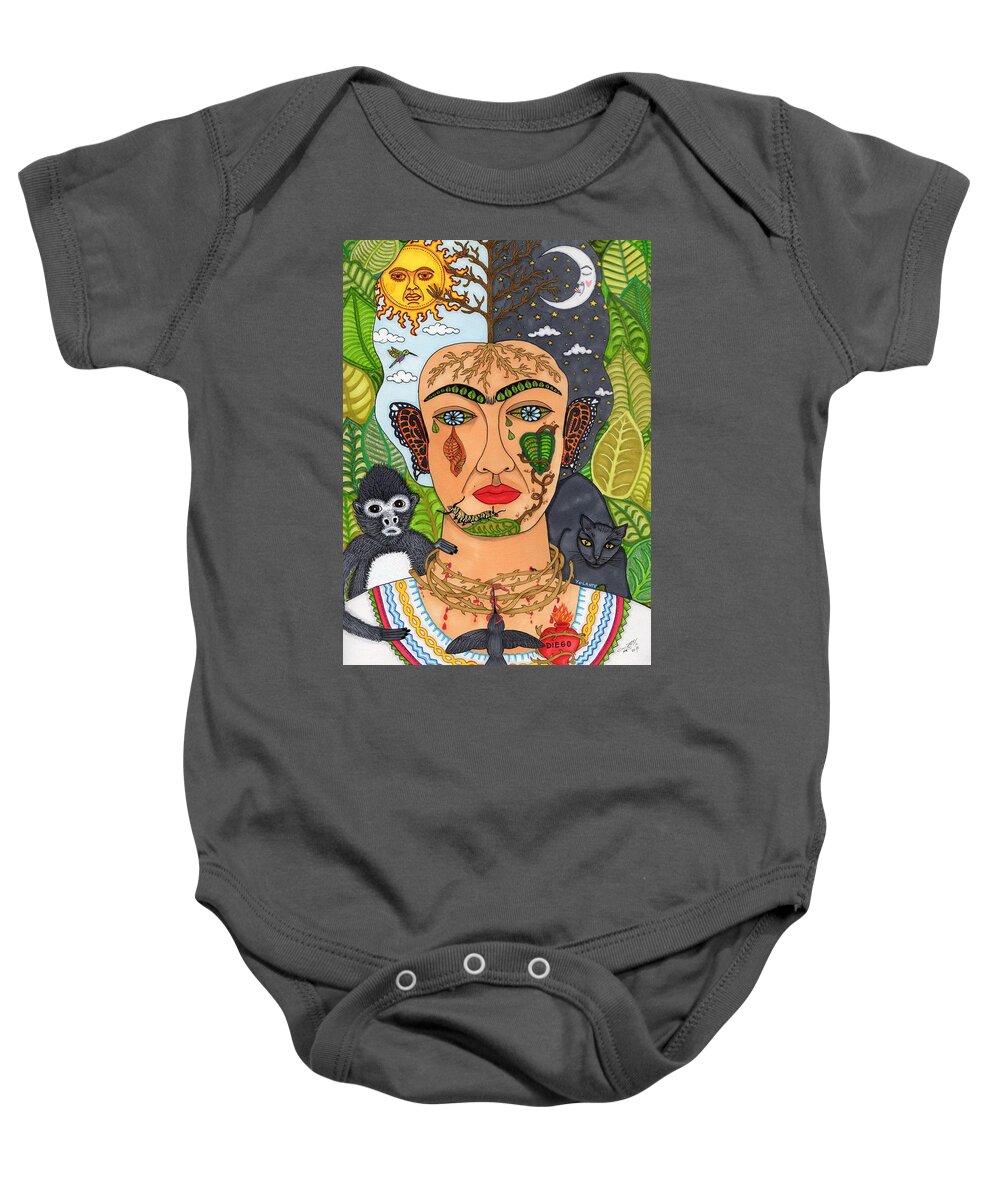 Frida Baby Onesie featuring the painting Frida Kahlo Monarca by YOLARTE Yolanda Ortiz