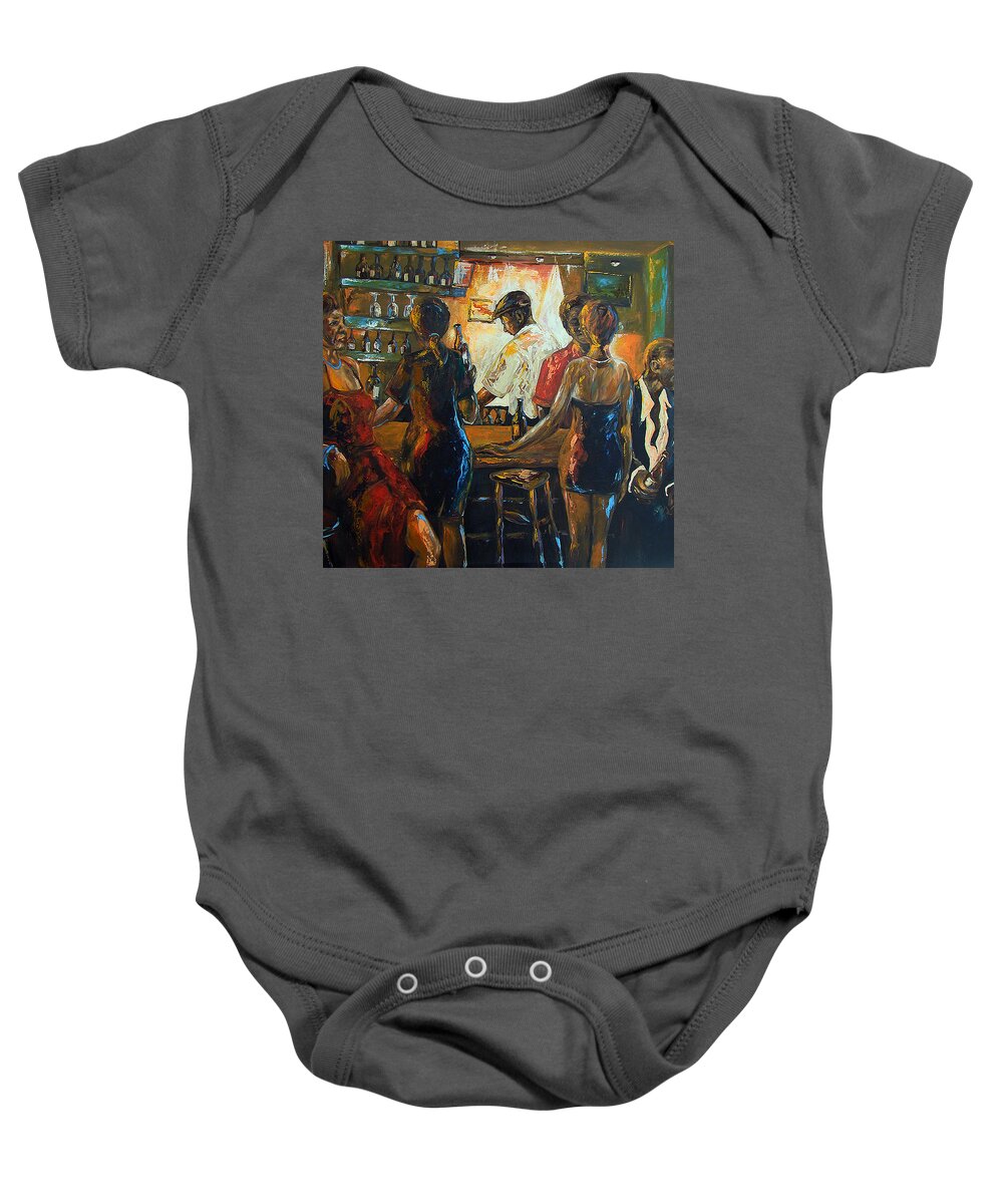 Midnight Blue Series Baby Onesie featuring the painting Friends by Berthold Moyo