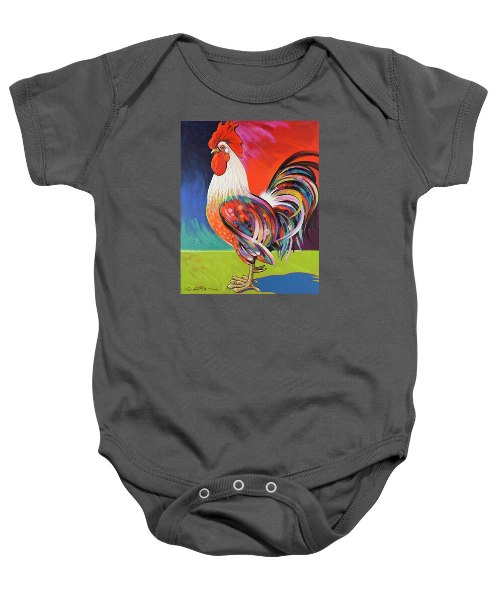 Rooster Art Baby Onesie featuring the painting Front Range Monarch by Bob Coonts