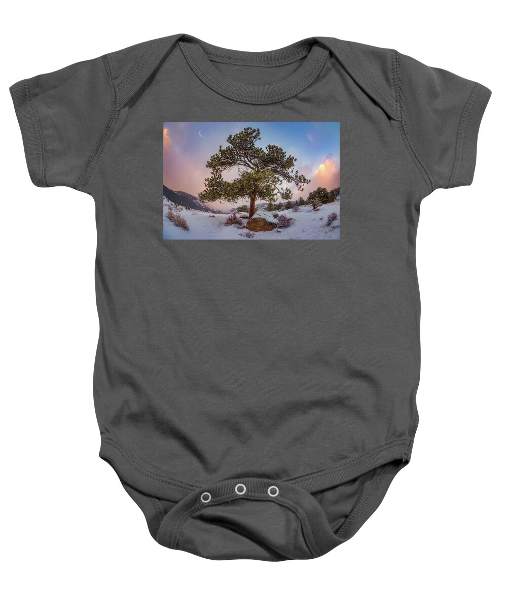 Trees Baby Onesie featuring the photograph Frosted Mountain Moon by Darren White