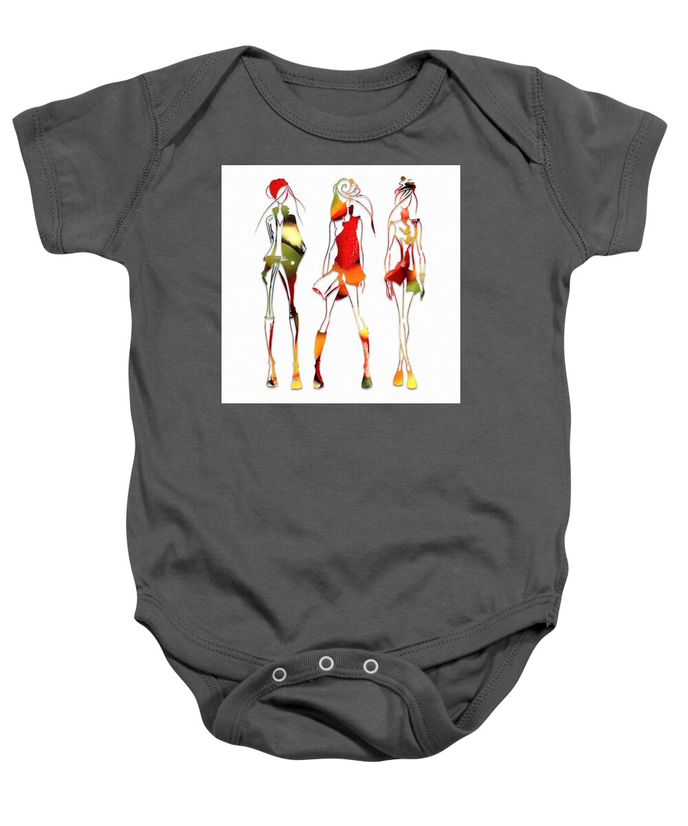 Fashion Baby Onesie featuring the mixed media Fruit Salad Runway Models by Marvin Blaine
