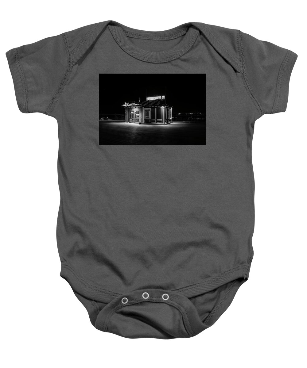 B&w Baby Onesie featuring the photograph Funicular ticket booth at night in black and white by Karen Foley