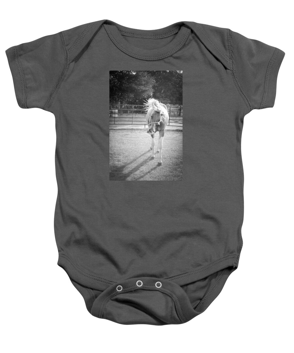 Kelly Hazel Baby Onesie featuring the photograph Funny Horse in Black and White by Kelly Hazel