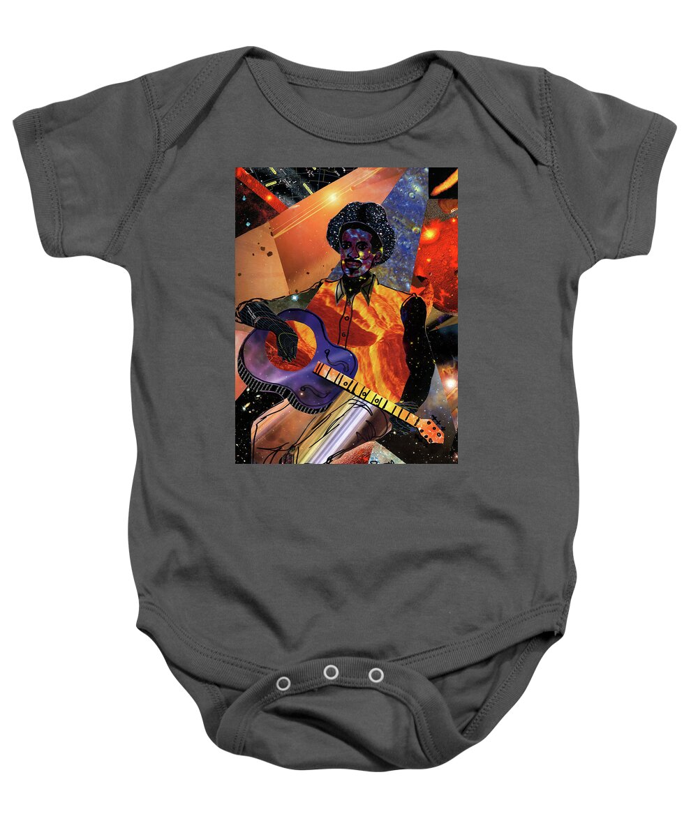 Everett Spruill Baby Onesie featuring the mixed media Galactic Guitarist by Everett Spruill