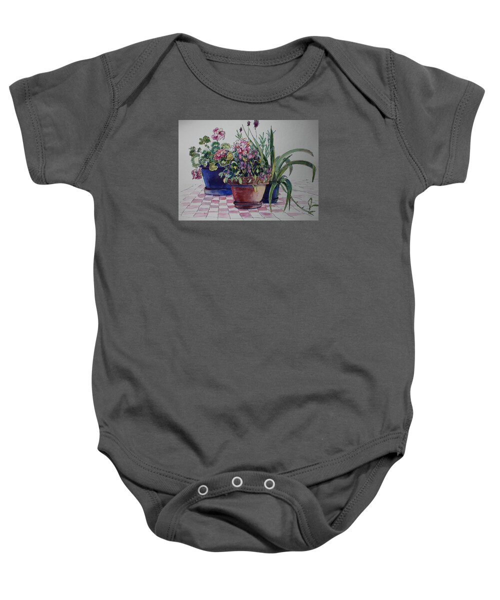 Flowers Baby Onesie featuring the painting Geraniums and Pansies by Ruth Kamenev