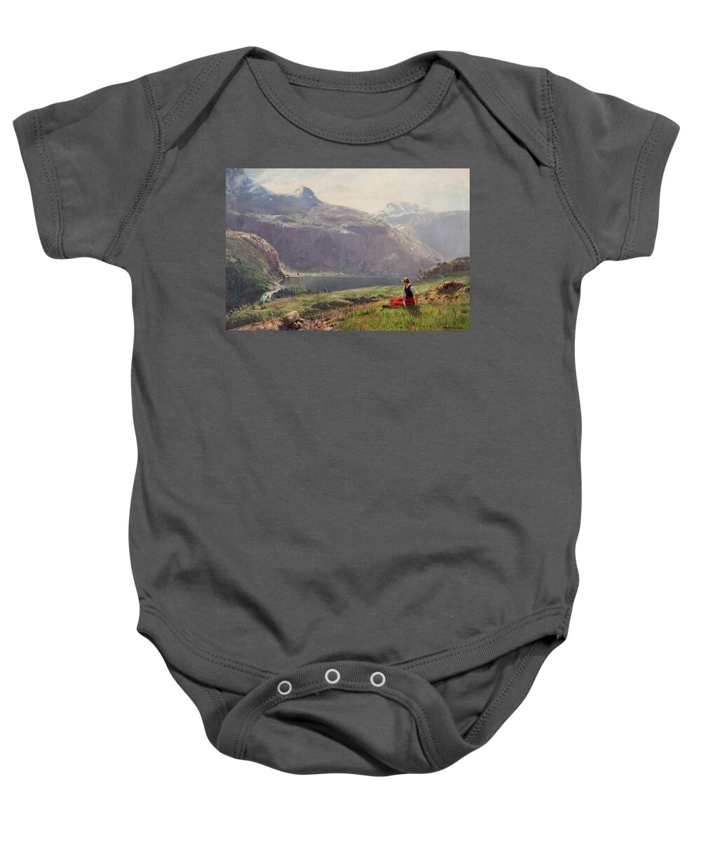 Hans Andreas Dahl Baby Onesie featuring the painting Girl in the fjords by Hans Andreas Dahl