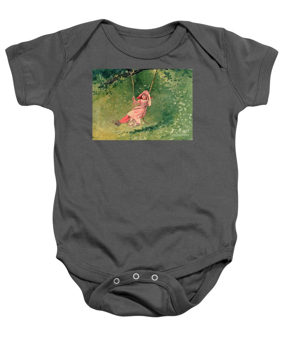 Girl On A Swing By Winslow Homer Baby Onesie featuring the painting Girl on a Swing by Winslow Homer