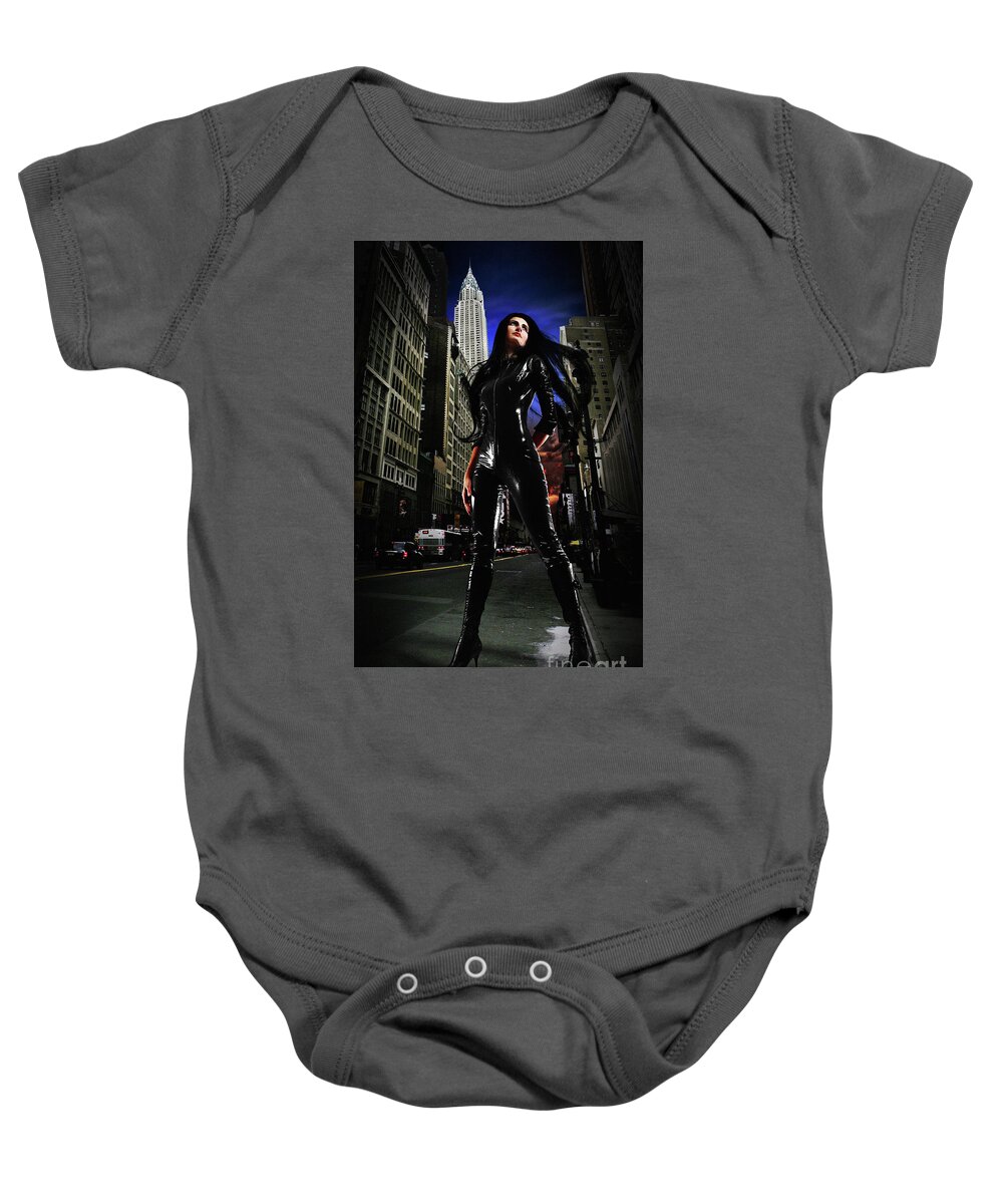 Fashion Baby Onesie featuring the photograph Girl Superhero Costume City of Heroes by Dimitar Hristov