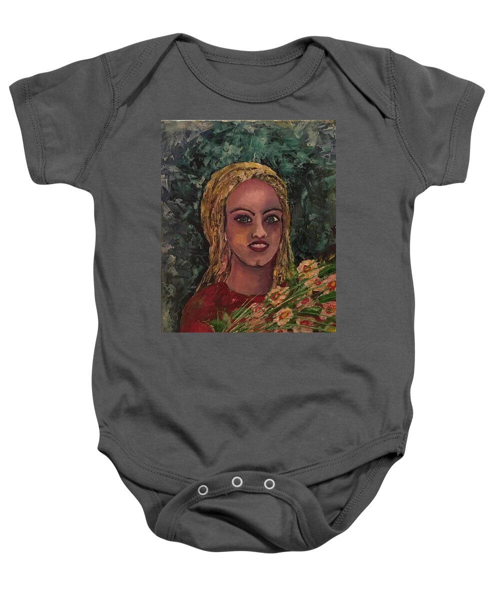 Girl With Flower Baby Onesie featuring the painting Girl with flower 2 by Maria Karlosak