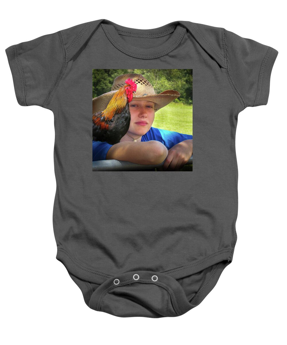 2017 Baby Onesie featuring the photograph Girl with the Rooster at the Fair by George Harth
