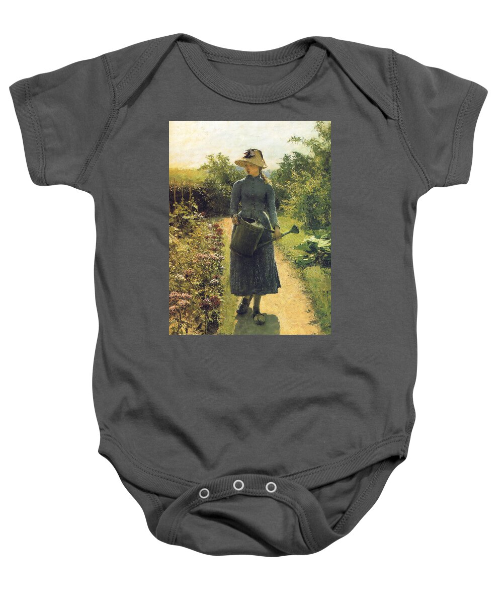 19th Century Art Baby Onesie featuring the painting Girl with Watering Can by Evariste Carpentier