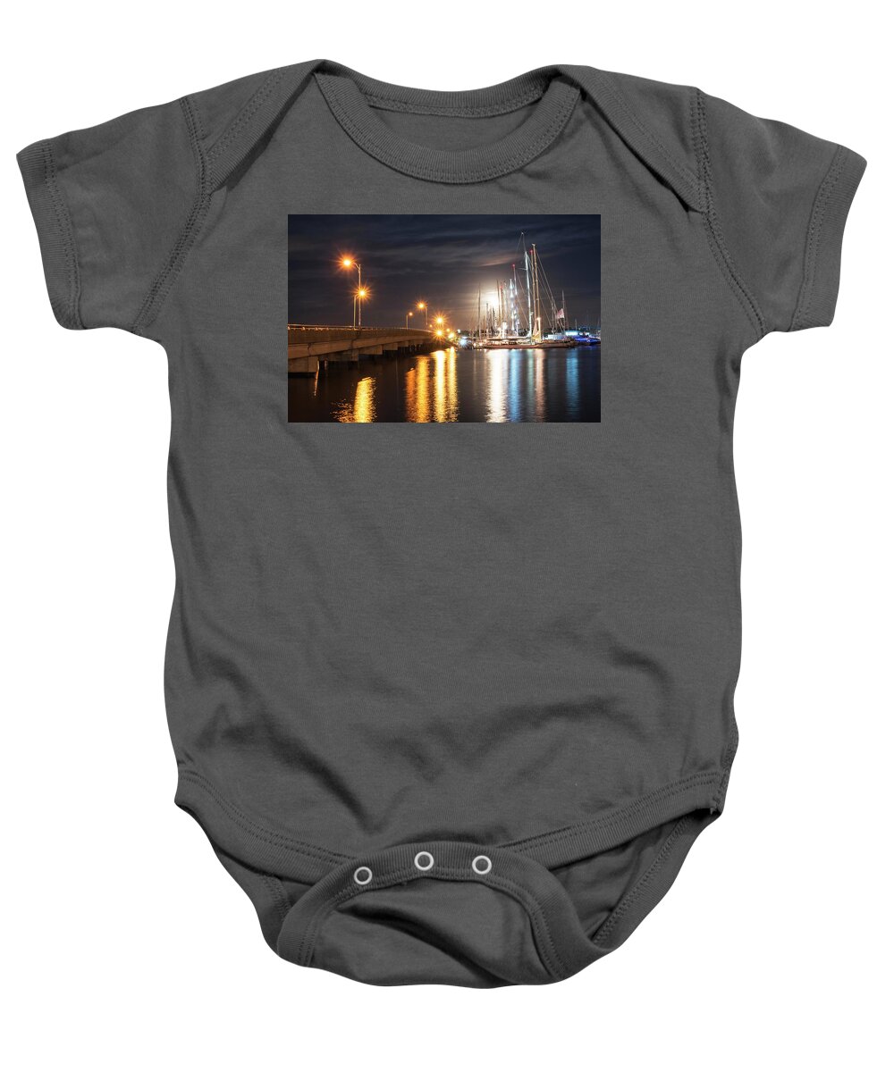 Goat Baby Onesie featuring the photograph Goat Island Bridge Full Moon Newport RI by Toby McGuire