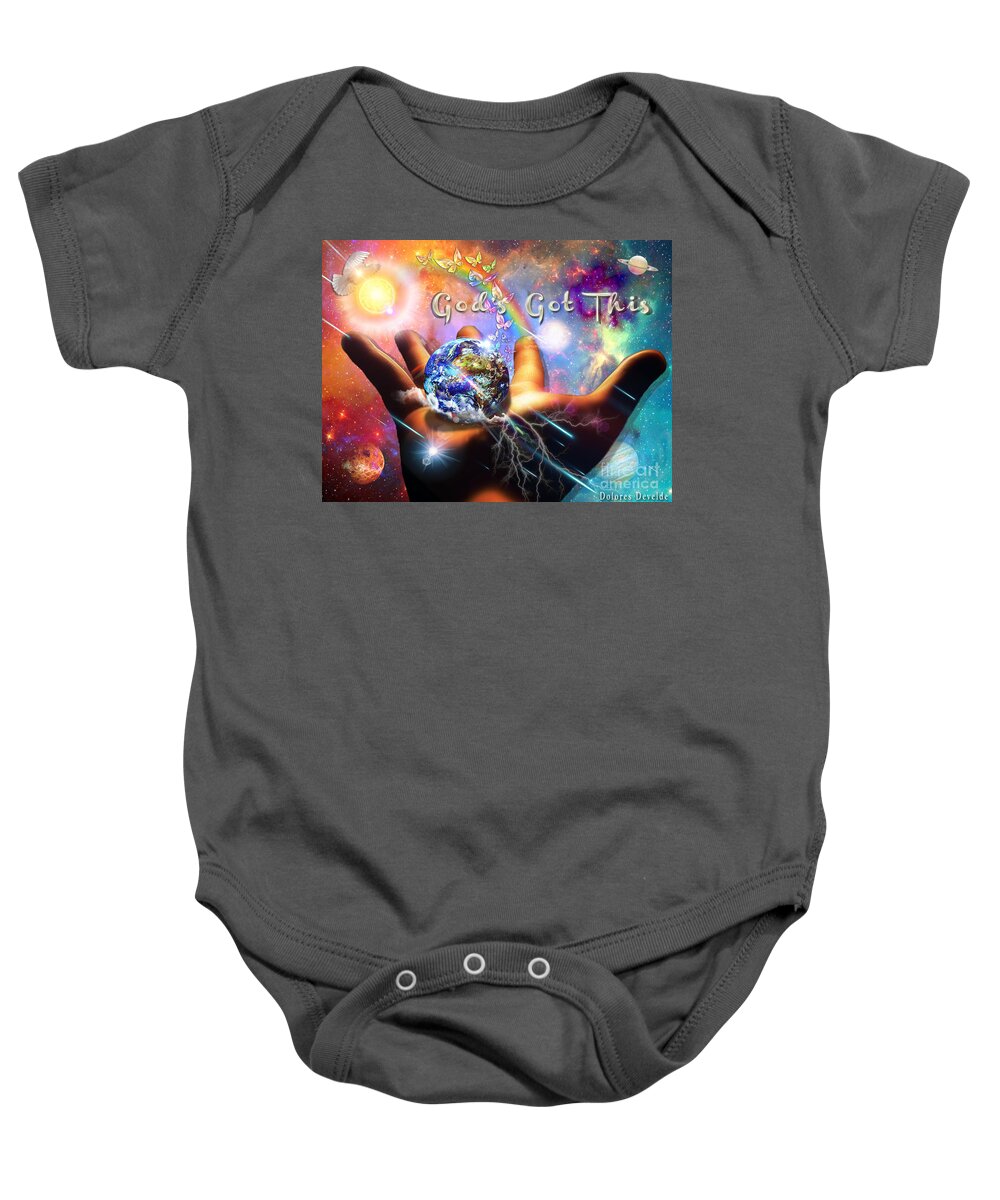 God's Got This Baby Onesie featuring the digital art God's Got This by Dolores Develde