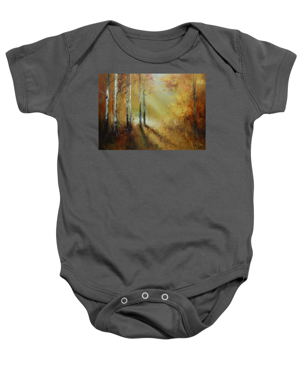 Russian Artists New Wave Baby Onesie featuring the painting Golden Light in Autumn Woods by Igor Medvedev