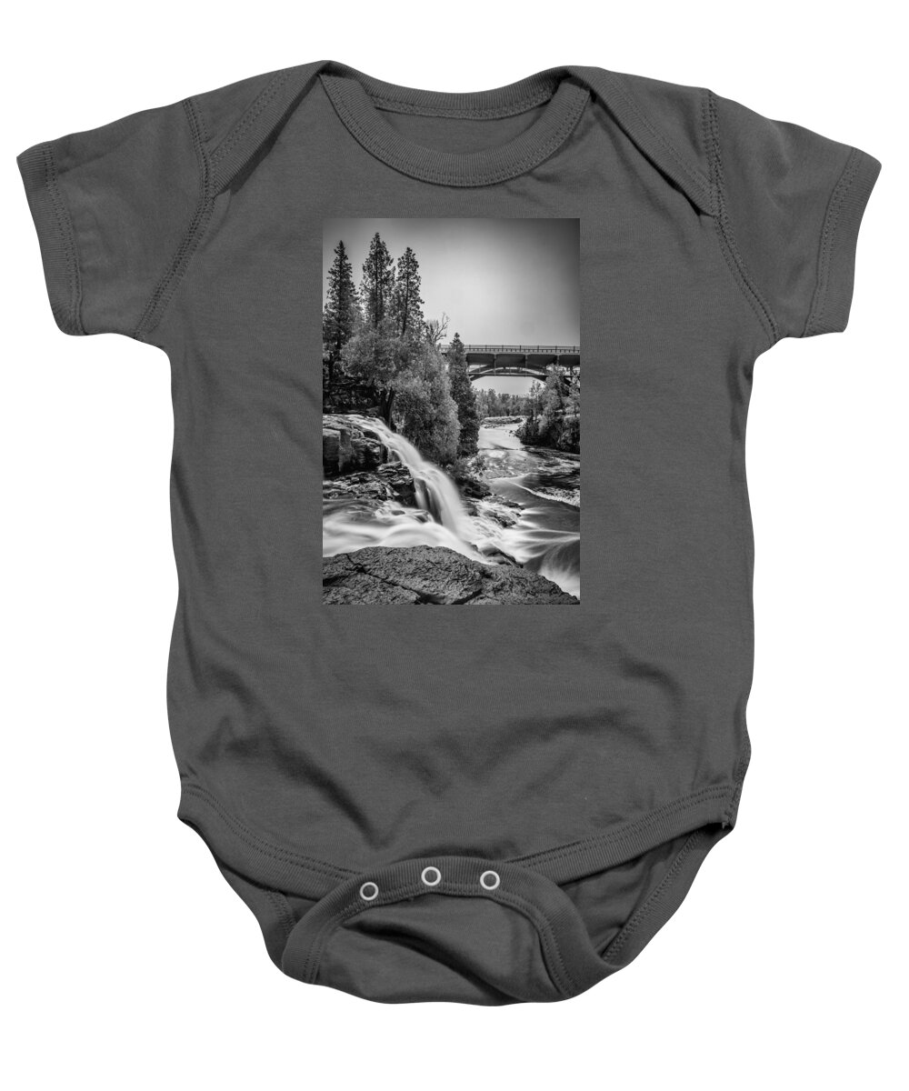Upper Gooseberry Falls Baby Onesie featuring the photograph Gooseberry Falls bridge in Black and white by Paul Freidlund