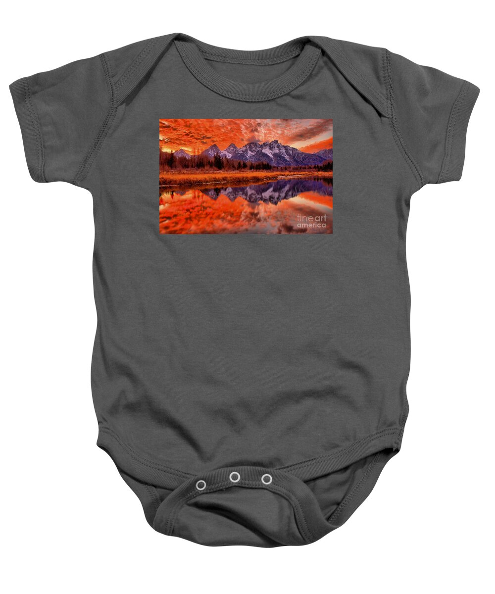 Schwabacher Landing Baby Onesie featuring the photograph Grand Teton Orange Sunset by Adam Jewell