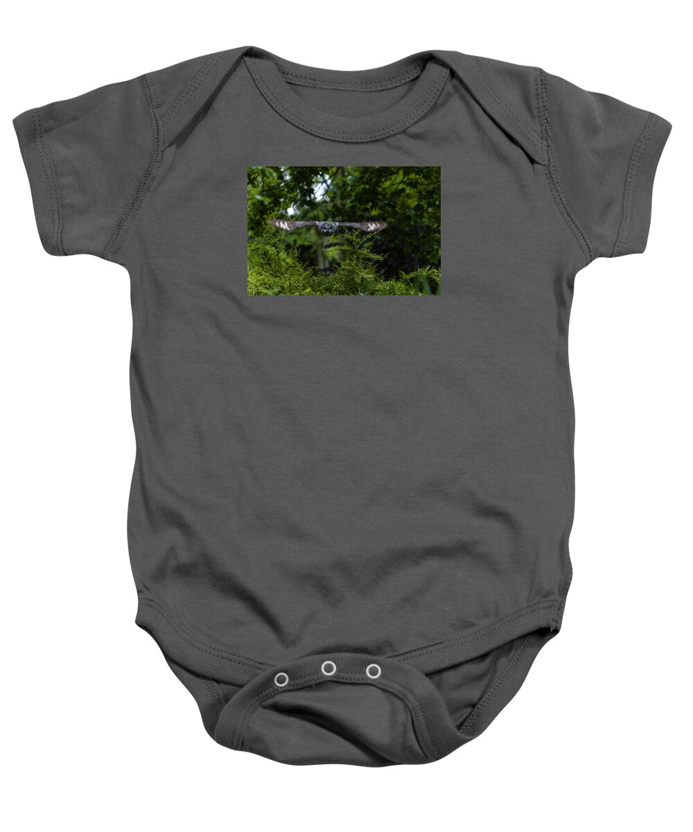Great Grey Owl Baby Onesie featuring the photograph Great Grey Owl in Flight by Andy Myatt