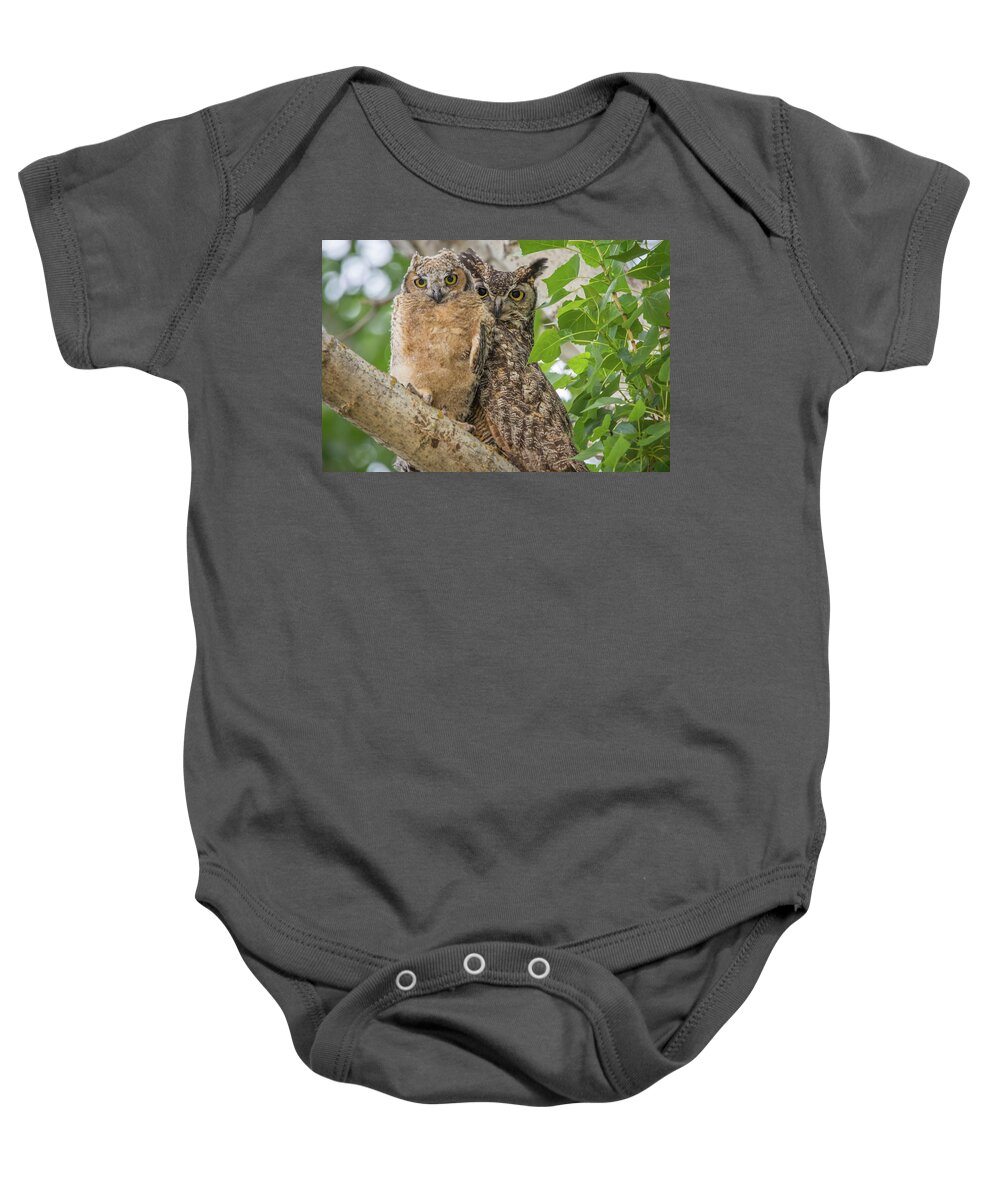 California Baby Onesie featuring the photograph Great Horned Owl Mom and Chick by Marc Crumpler