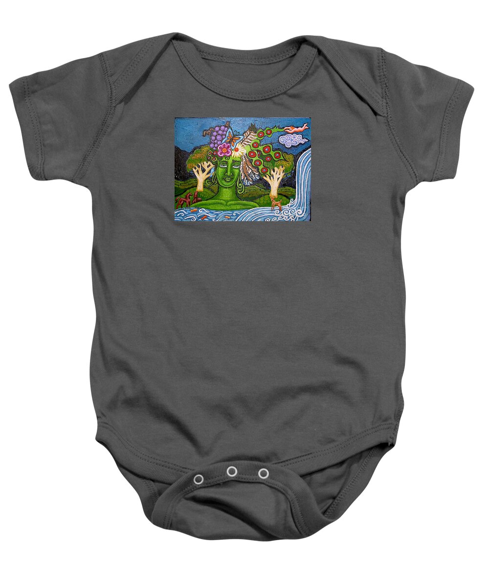 Green Goddess Baby Onesie featuring the painting Green GoddessWith Waterfall2 by Genevieve Esson