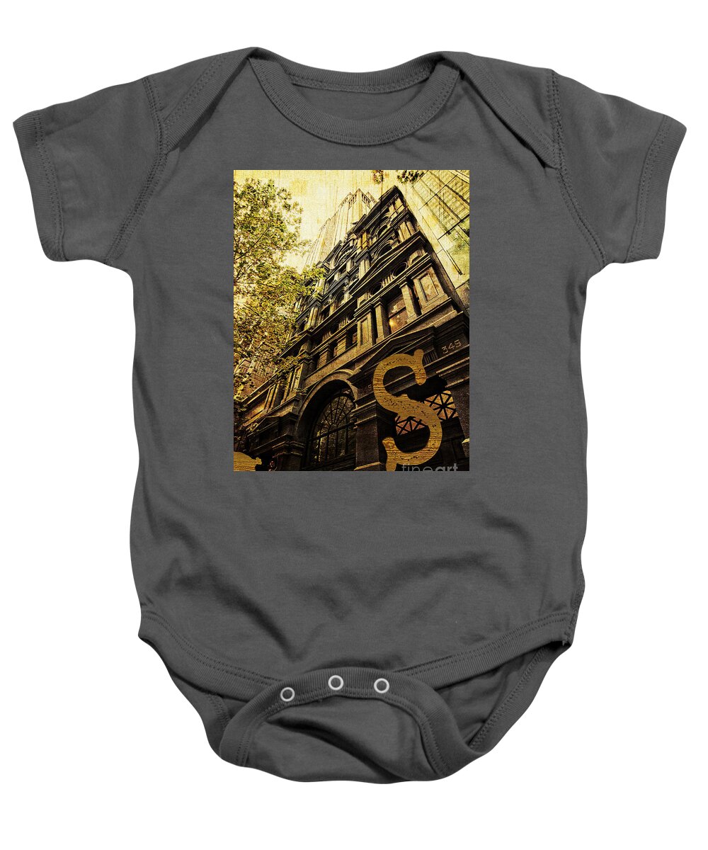 Heritage Baby Onesie featuring the photograph Grungy Melbourne Australia Alphabet Series Letter S Collins Stre by Beverly Claire Kaiya
