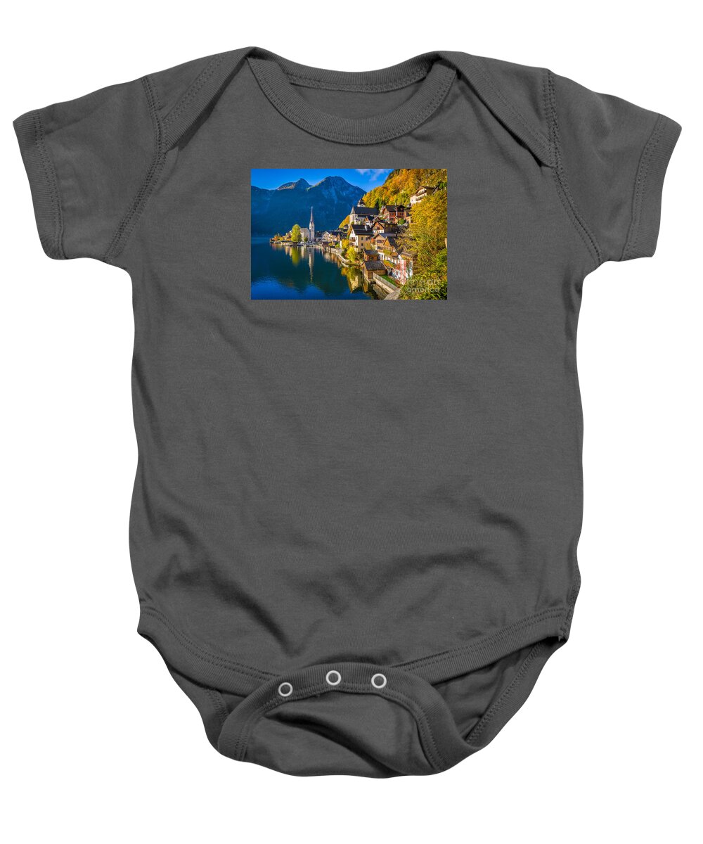 Alpine Baby Onesie featuring the photograph Hallstatt in fall by JR Photography